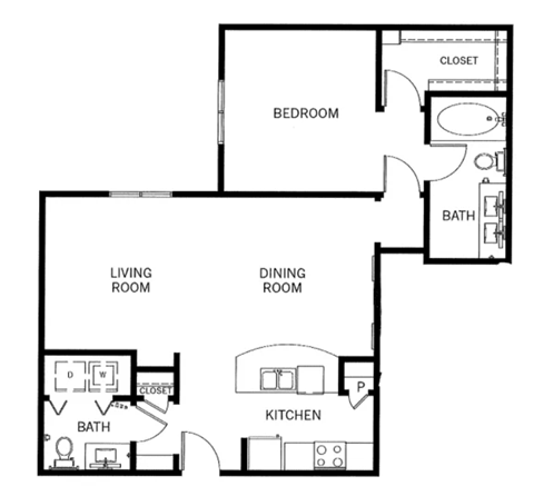 Floor plan for 1 bed, 1 bath, 968 sqft